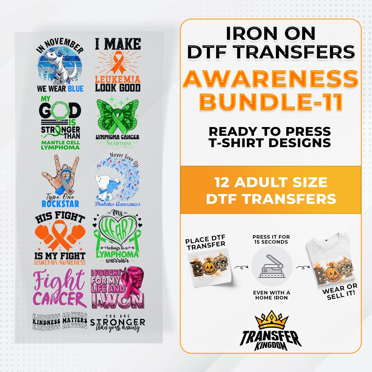Iron on DTF Transfer Awareness Month Bundle 11 - 12 Best Seller T-shirt Designs Ready To Press